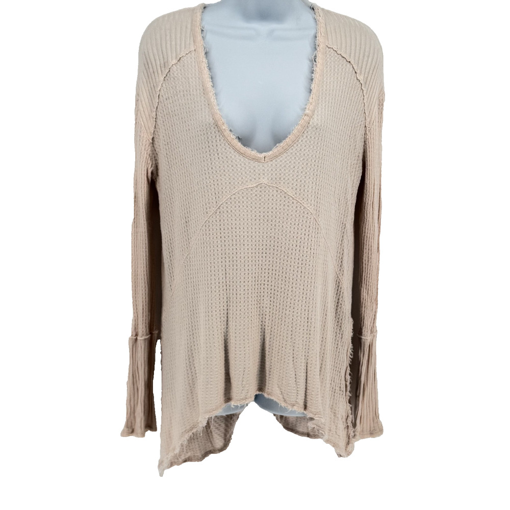Free People Ventura Top XSmall Nude Blush Waffle Knit Thermal Raw Edge